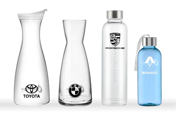 Botella y jarras personalizadas para concesionarios y talleres